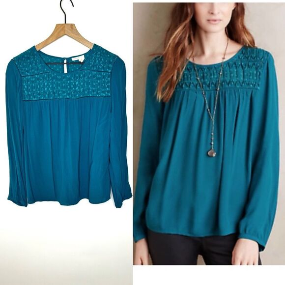 Anthropologie Meadow Rue Turquoise Teal Smock Top Medium - Picture 1 of 15